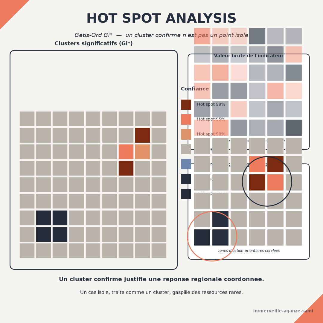 Carte de points chauds et froids selon la statistique de Getis-Ord, avec trois seuils de confiance