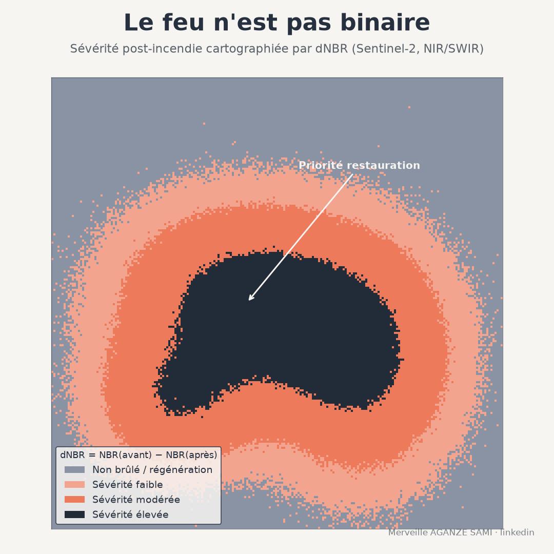 Carte de sévérité dNBR en dégradé avec zones classées faible, modérée et élevée