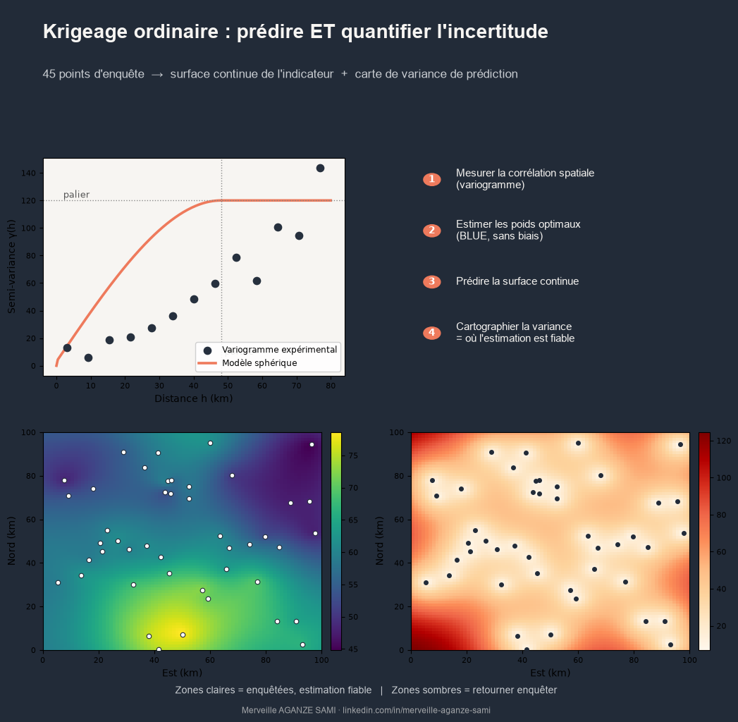 Variogramme expérimental ajusté, surface krigée et carte de variance de prédiction