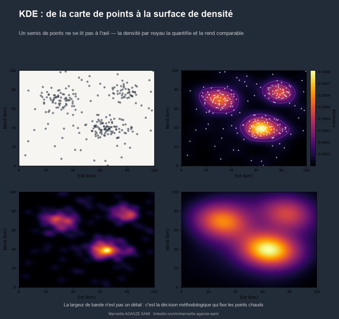 Semis de points et surfaces de densité obtenues avec trois largeurs de bande différentes